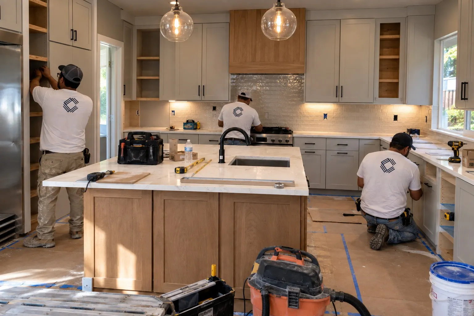 Three Cornerstone installers fitting out a kitchen with a wood island, white counters and glass pendant lights